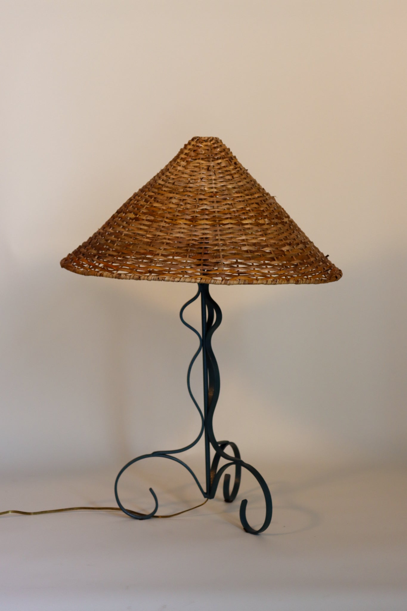 009 | Green Patinated-Metal Table Lamp, With Rattan Shade